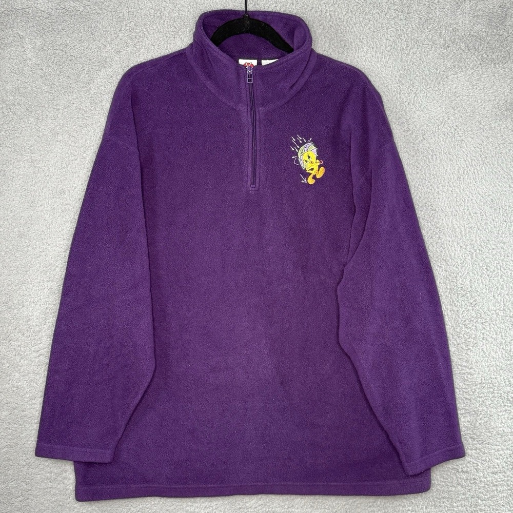 VTG Looney Tunes Tweety Bird 1/4 Zip Purple Fleece Sweatshirt Mens XL